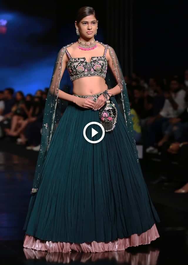 Emerald Green Lehenga With Hand Embroidered Choli Using Multi Colored Floral Motifs 