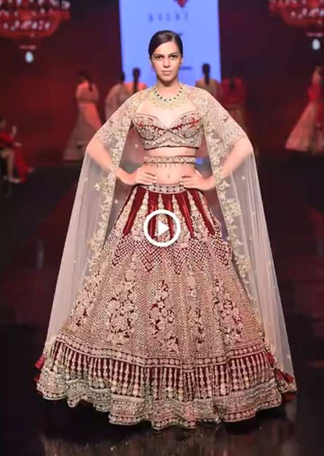 Persian Red Lehenga Choli In Velvet With Mughal Jaali And Floral Hand Embroidered Kali 