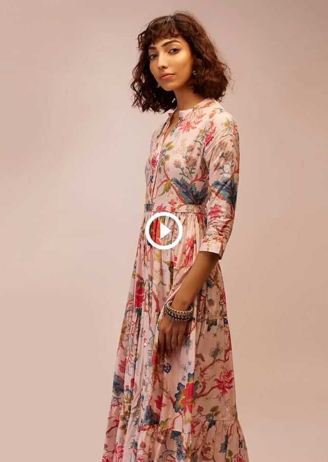 Powder Pink Tiered Dress With Floral Print And Mock Placket  Online - Re By Kalki