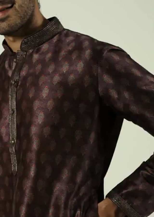 Raisin Purple Kurta Set In Silk With Block Printed Buttis