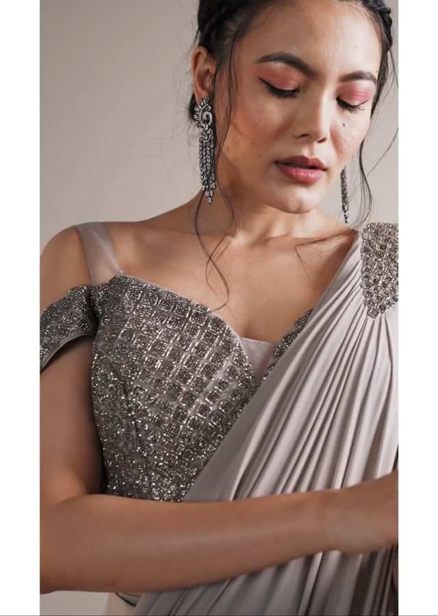 Zinc Grey Ready-Pleated Saree And A Cold Shoulder Top In Stones Embellishment
