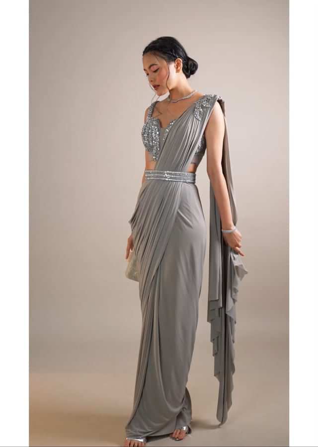 Flint Grey Ready-Pleated Saree With A Crop Top Embellished In Sequins With A Corset Neckline