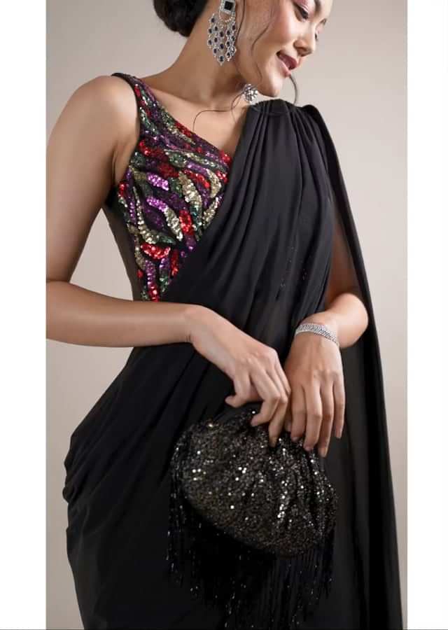 Black Saree With A Crop Top In Multi-Colored Sequins Embellishment Padded With Tie-Up Tassel Dori At The Back
