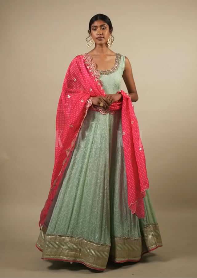 Ocean Wave Green Anarkali Suit In Resham Embroidery, Crafted In Chiffon With Sequins And White Resham Embroidery In Floral Motifs