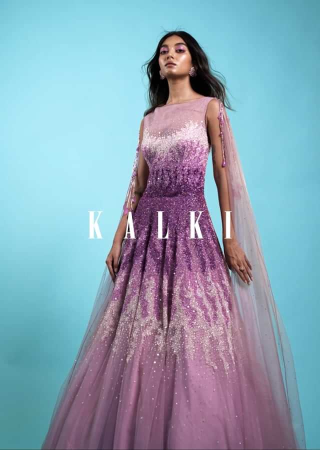 Lavender Ombre Gown In Net With Long Cape Embroidered With Sequins