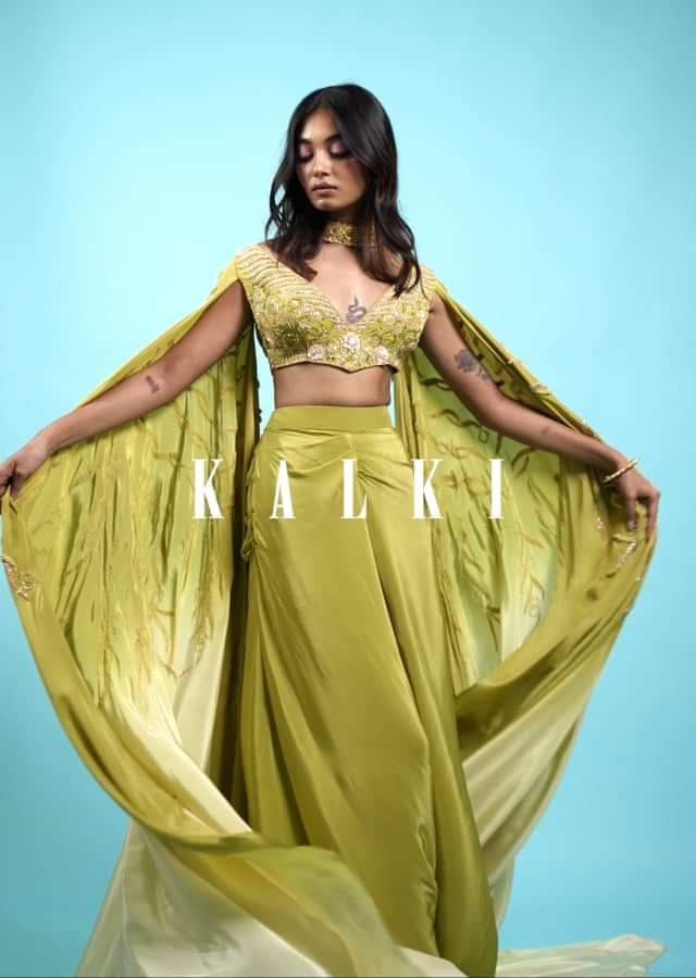 Citrus Mermaid Dhoti Skirt With A Crop Top In Long Cape Embroidered Sleeves, Plunging V Neckline In Embroidery