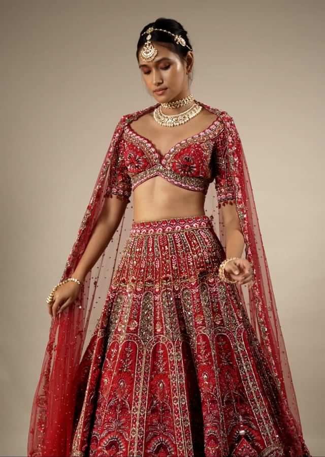 Dark Red Lehenga With A Crop Top In Royal Heritage Embroidery, Crop Top Comes In Scalloped Neckline