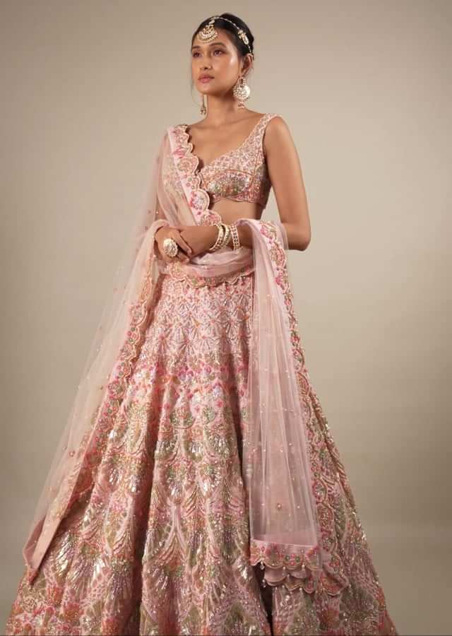 Pink Lehenga And Sleeveless Crop Top Set With A Corset Neckline In Zardozi Embroidery