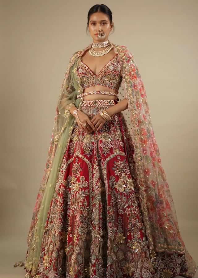 Cherry Red Royal Heritage Lehenga And A Choli Set In 3D Petal Motifs Embroidery, Organza Multi Color Dupatta In Zari Work Embroidery Buttis