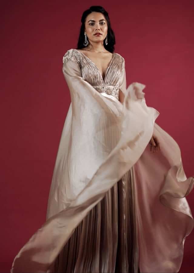 Doe Organza Gown With A Long Extended Cape Sleeves And A Plunging V Neckline
