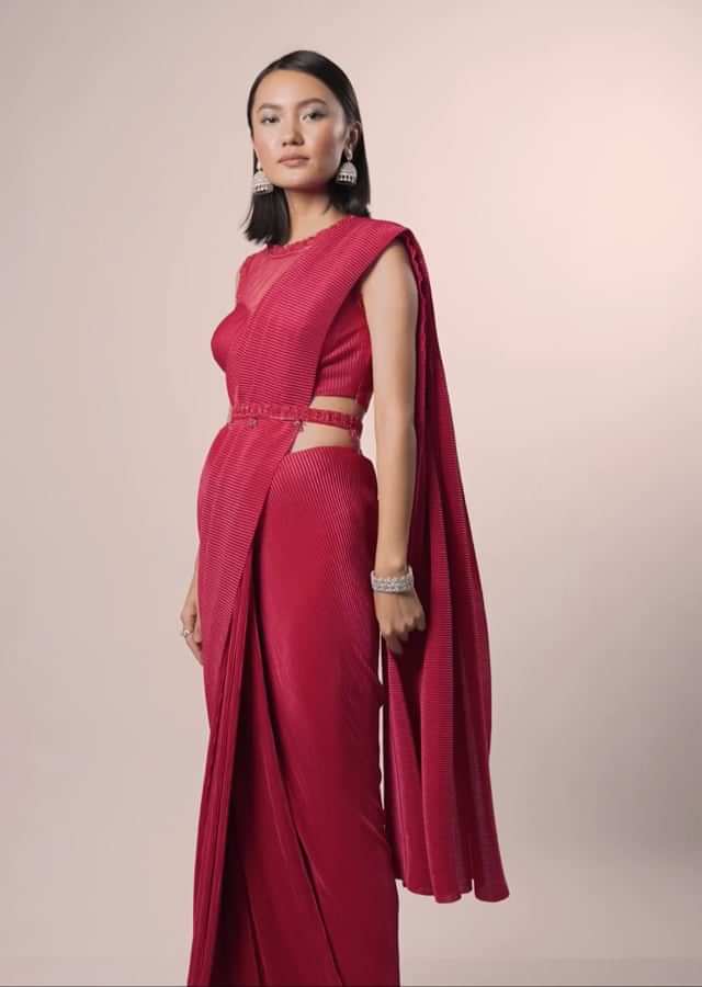 Crimson Red Saree In Crush With A Crop Top In The Illusioned Neckline, Paired With A Belt In Cut Dana And Moti Embroidery