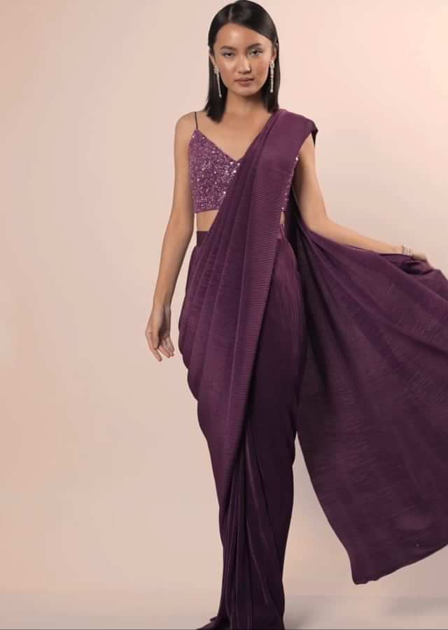 Hollyhock Purple Ready Pleated Saree With A Spaghetti Straps Crop Top In Sequins Embroidery