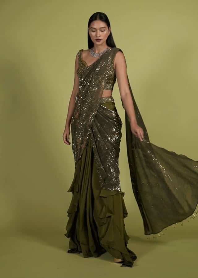 Military Olive Shimmer Crush Ruffled Ready-Pleated Saree, Crafted In Crush With Sequins Embroidery All Over With A Side Zip Closure