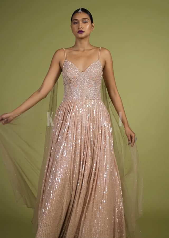 Evening Sand Gown With A Veil In Sequins Embroidery, Crafted In Net With Spaghetti Straps And A Corset Neckline