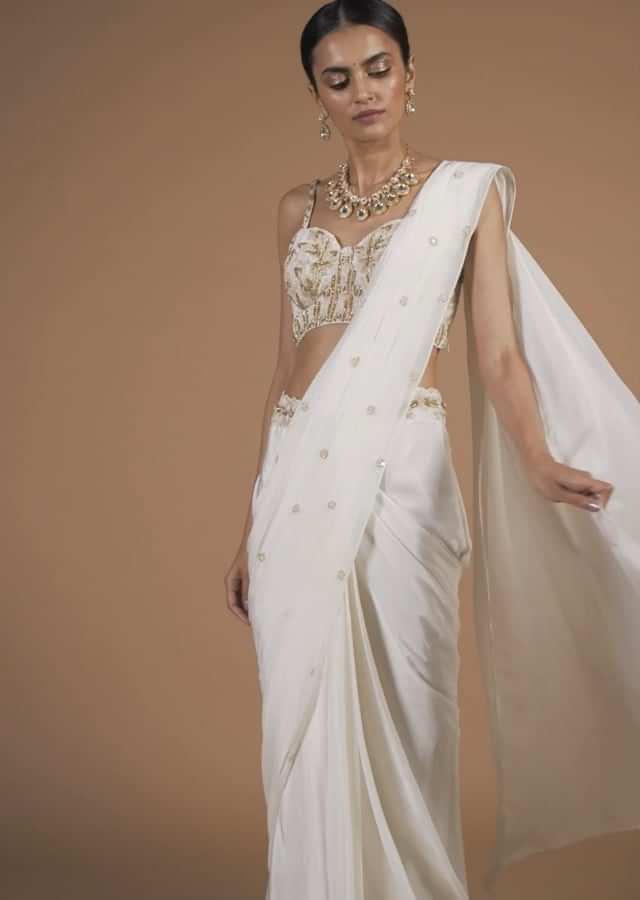 Cotton White Ready Pleated Saree With A Crop Top Set In Cut Dana Embroidery, Paired With The Spaghetti Straps With A Corset Neckline