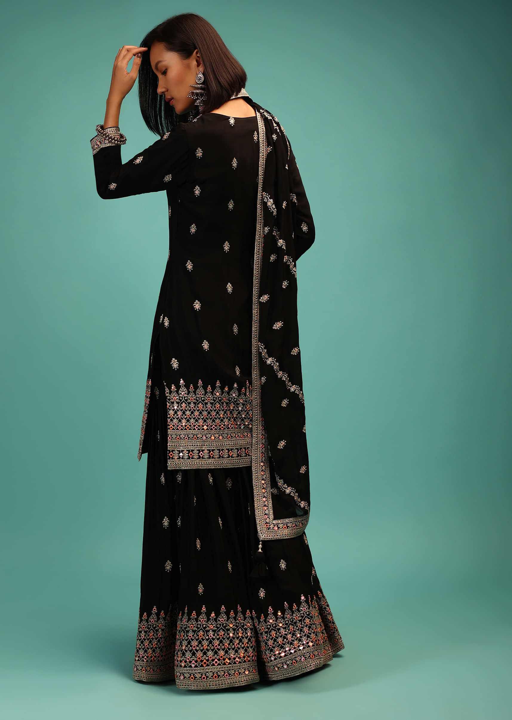 Black Mirror And Zari Embroidered Sharara Suit With A Sharara Pant In Raw Silk