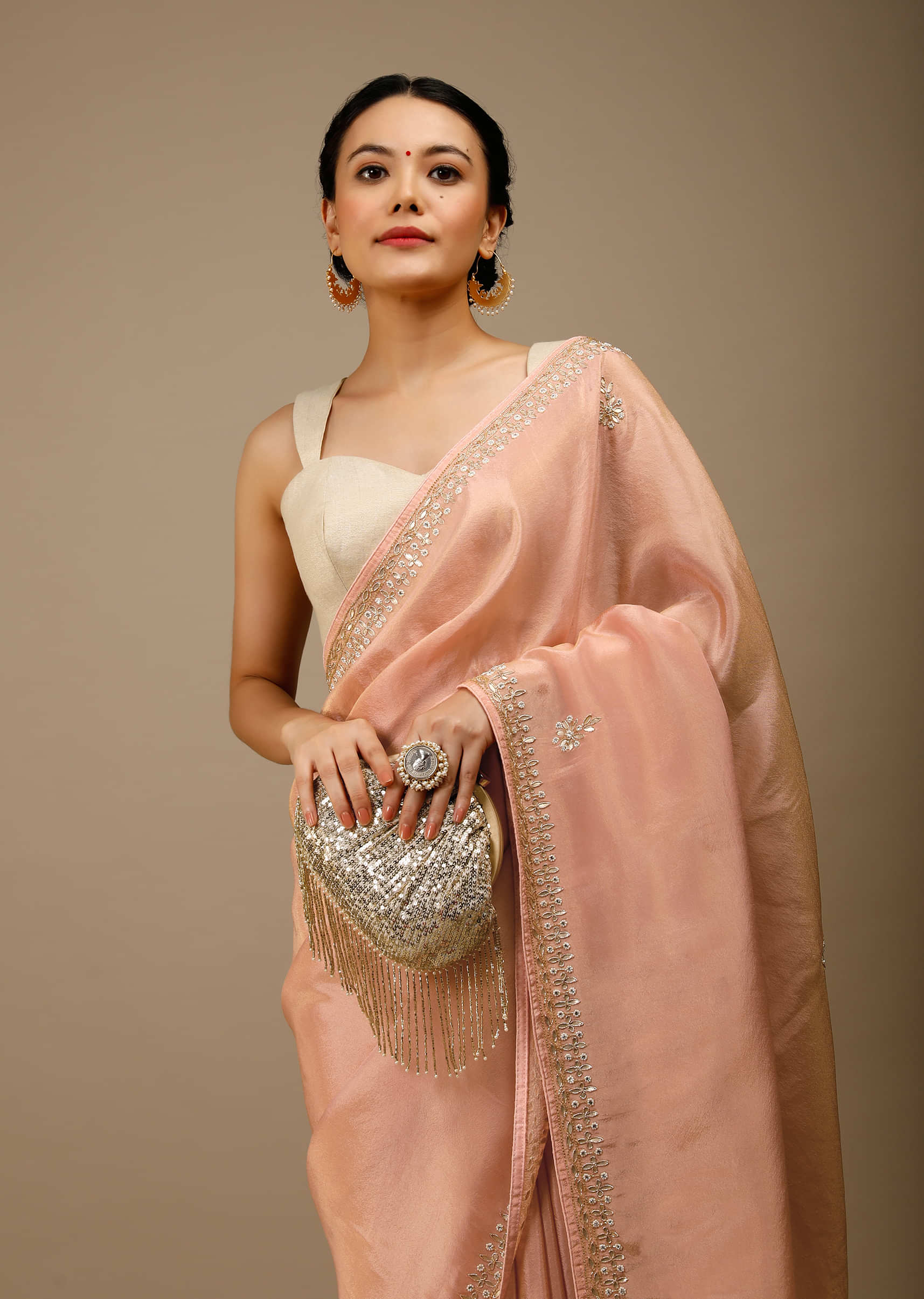 Apricot Blush Saree In Dupion Silk With Gotta Patti Embroidered Floral Buttis And Border Design  