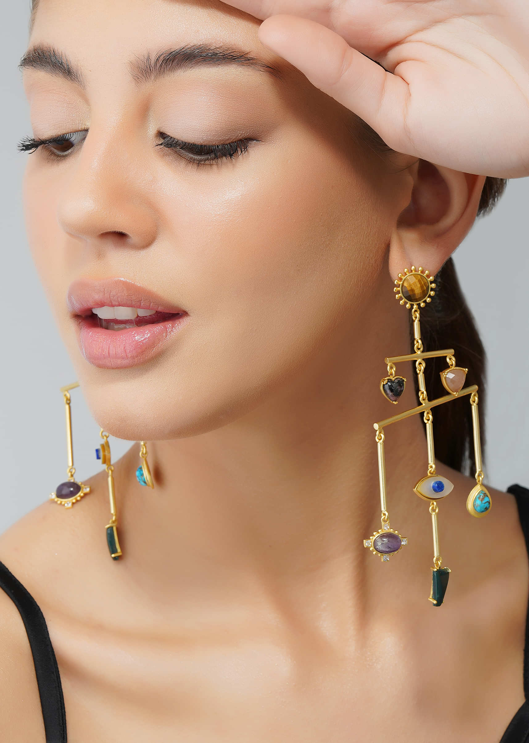 22Kt Gold Plated Multi Colored Healing Stone Statement Earrings