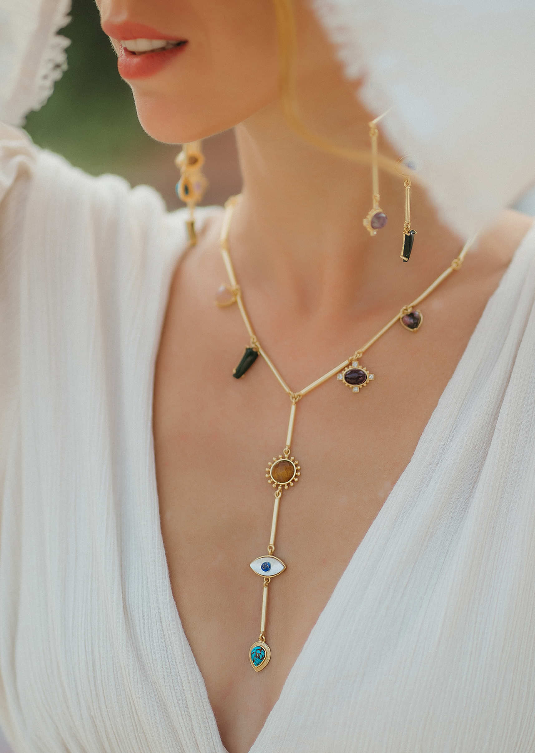 22Kt Gold Plated Multi Colored Healing Stone Lariat Necklace