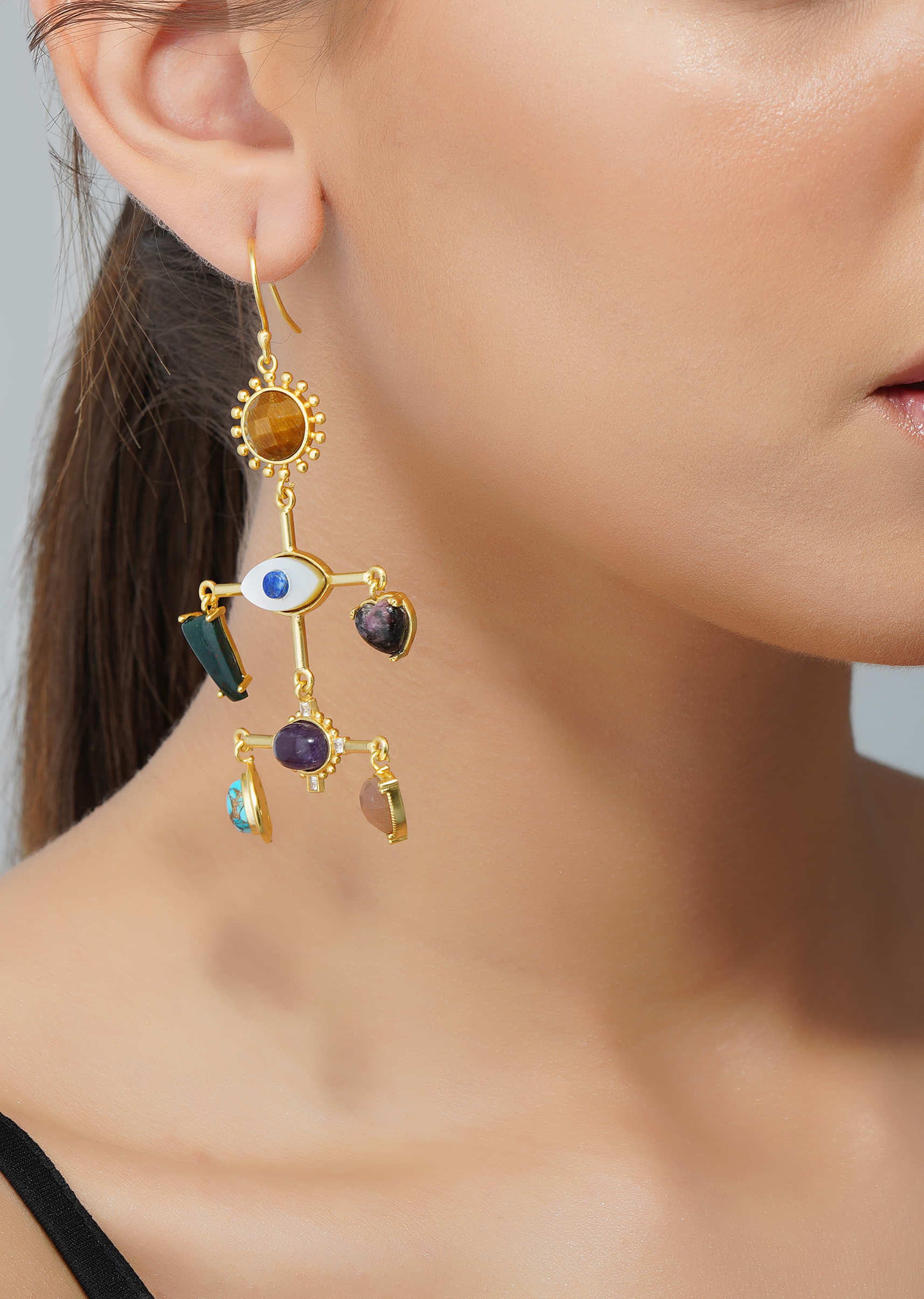 22Kt Gold Plated Multi Colored Statement Earrings With 7 Healing Stones
