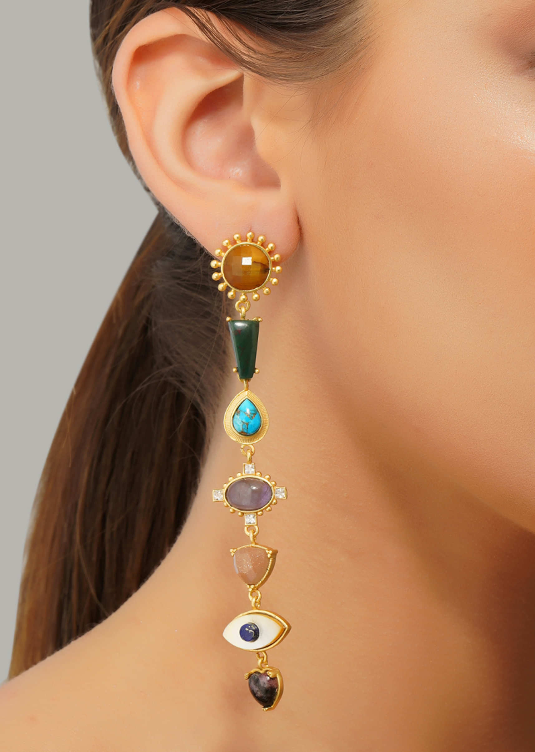 22Kt Gold Plated Multicolour Healing Stone Dangler Earrings