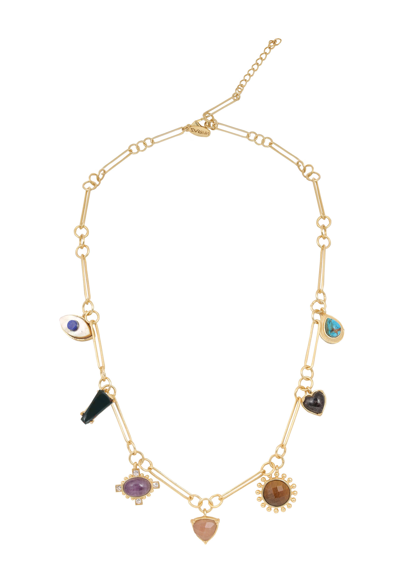 22Kt Gold Plated Necklace With Healing Stone Pendants In Round Fall