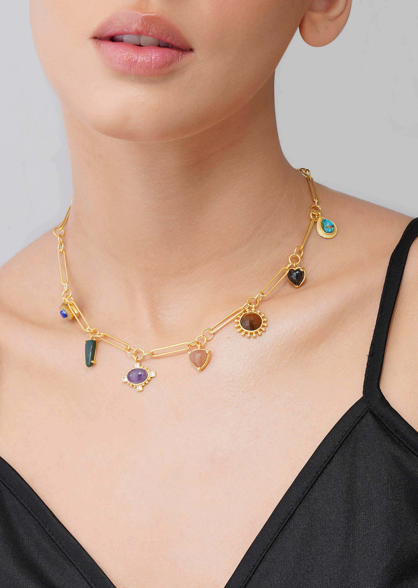 22Kt Gold Plated Necklace With Healing Stone Pendants In Round Fall
