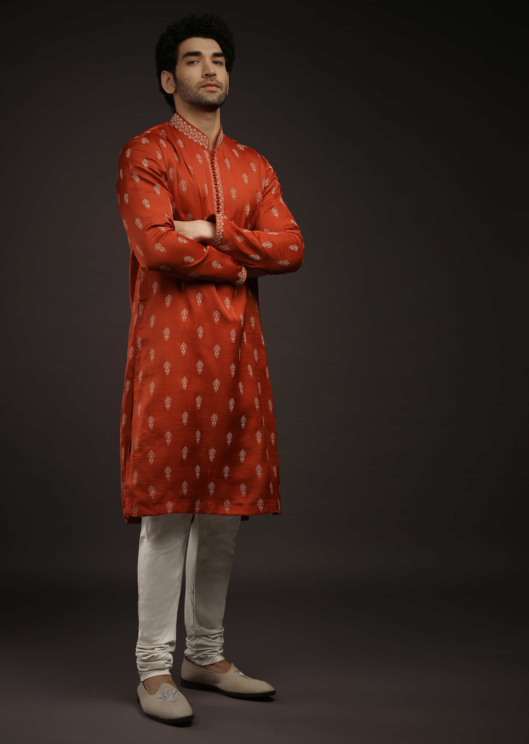Clay Red Kurta Set In Satin Silk With 3D Printed Buttis