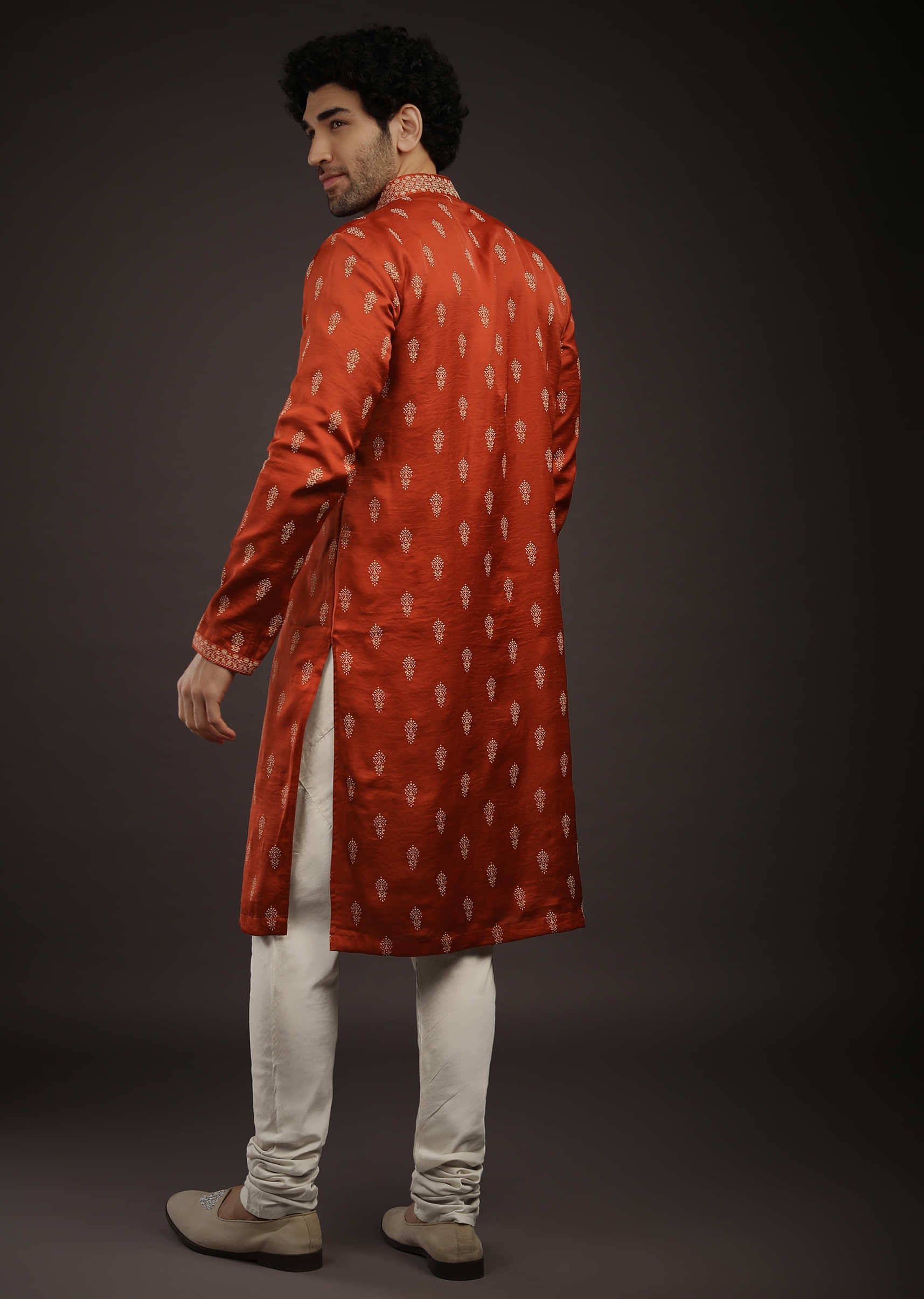 Clay Red Kurta Set In Satin Silk With 3D Printed Buttis
