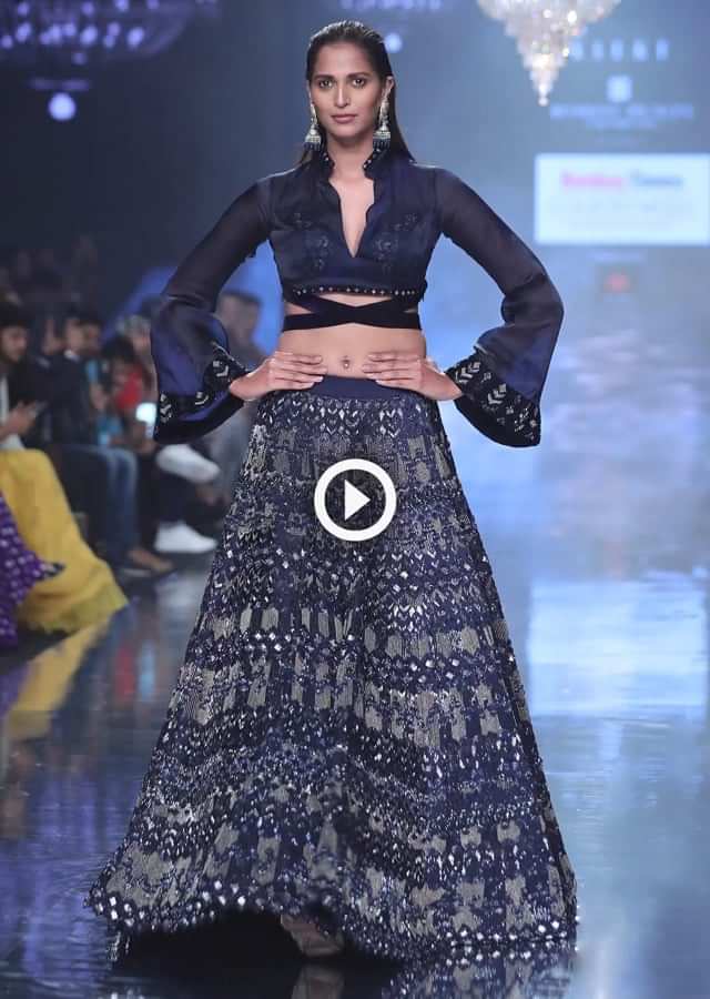 Organic Blue Lehenga In Hand Embellished Milano Satin With Bell Sleeves Blouse 