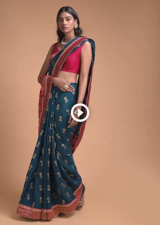 Teal Blue Saree In Silk With Bandhani Printed Pallu And Weaved Floral Buttis And Border  