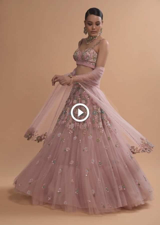 Icy Pink Net Lehenga And Sleeveless Crop Top With 3D Flower Cluster And Scattered Buttis 