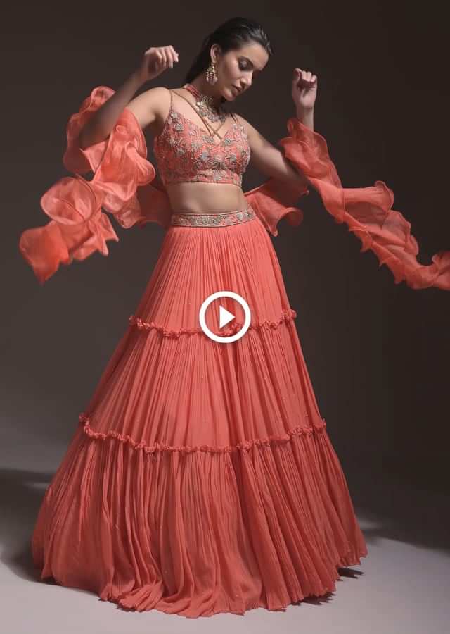 Coral Tiered Skirt And Crop Top With Cutdana Embellished Floral Blossoms And Ruffle Dupatta