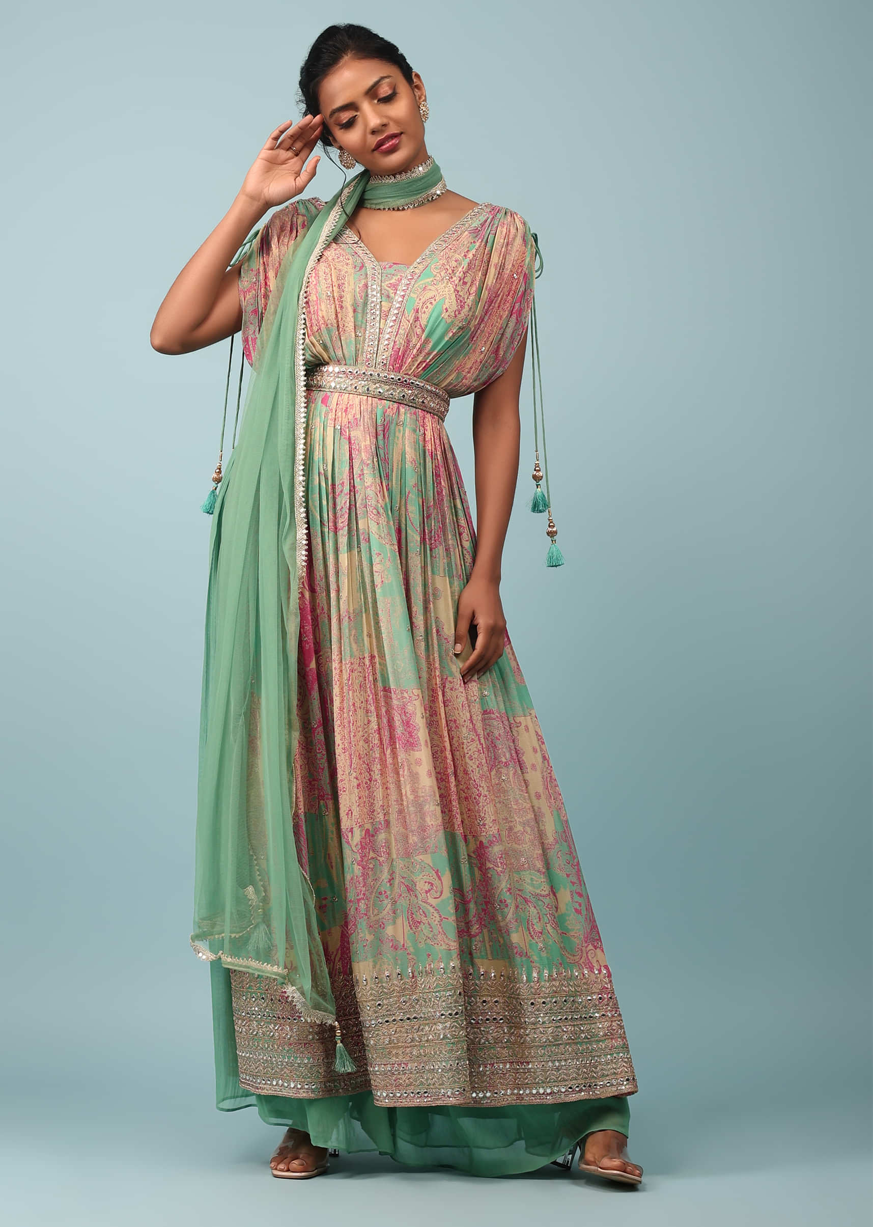 Absinthe Green Chinon Printed And Embroidered Palazzo Suit