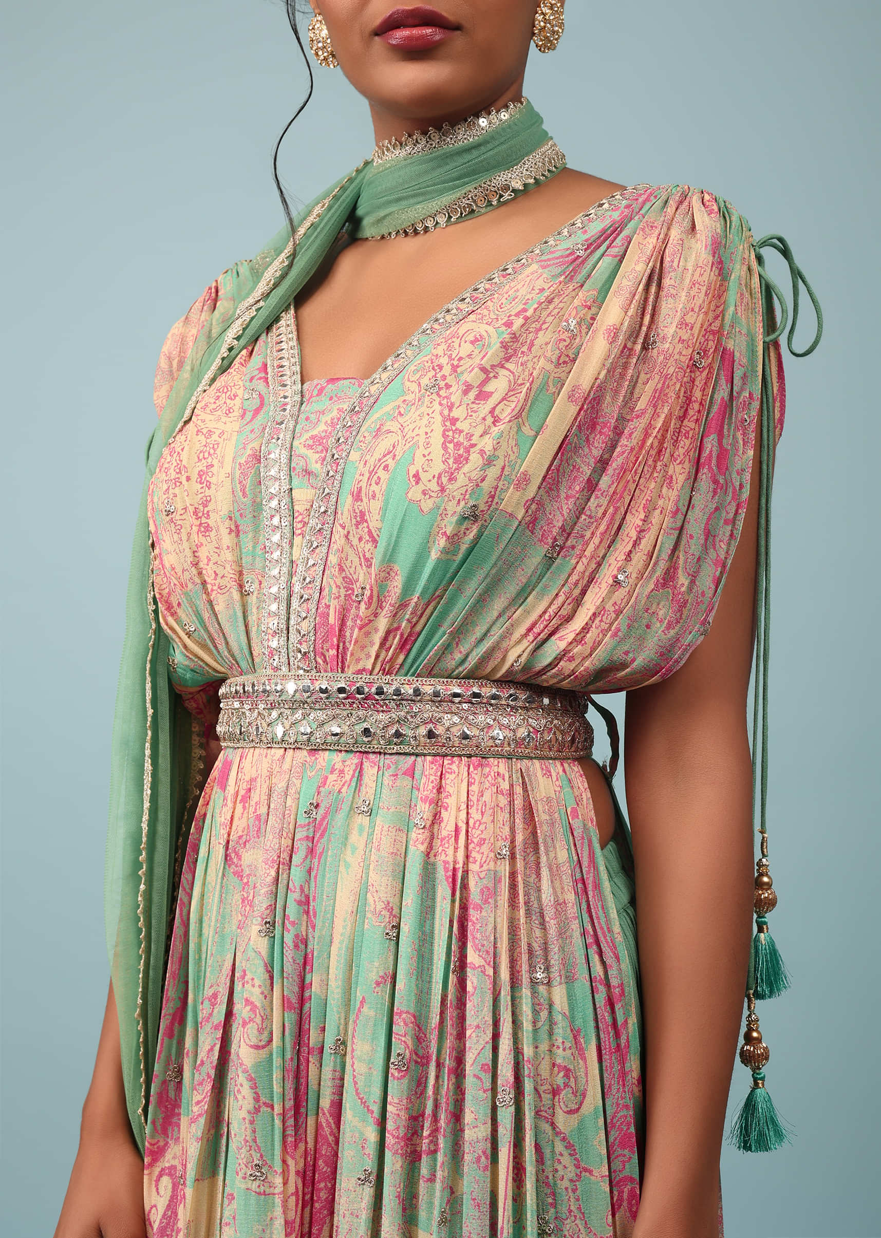 Absinthe Green Chinon Printed And Embroidered Palazzo Suit