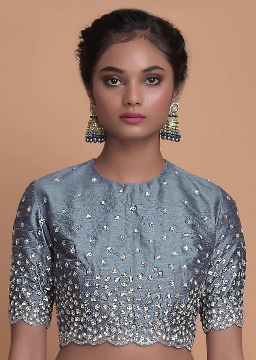 Airforce Blue Blouse With Sequins And Kundan In Floral Buttis In Gradient Pattern