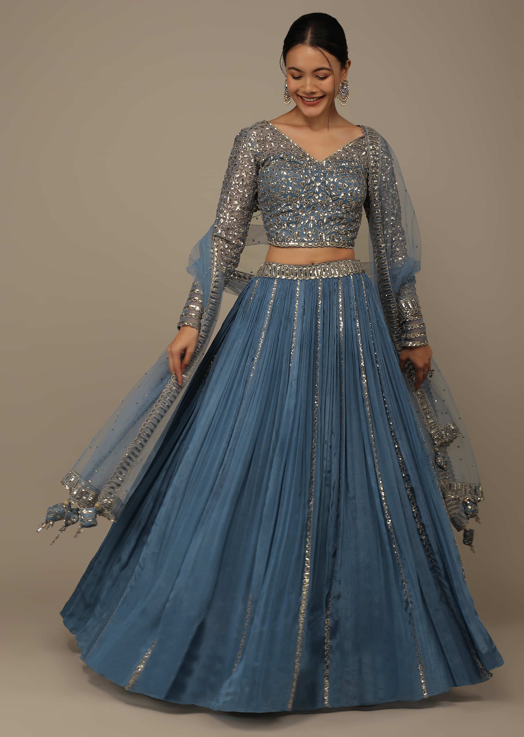 Airforce Blue Festive Sequins And Zari Embroidered Lehenga Set In Chinon