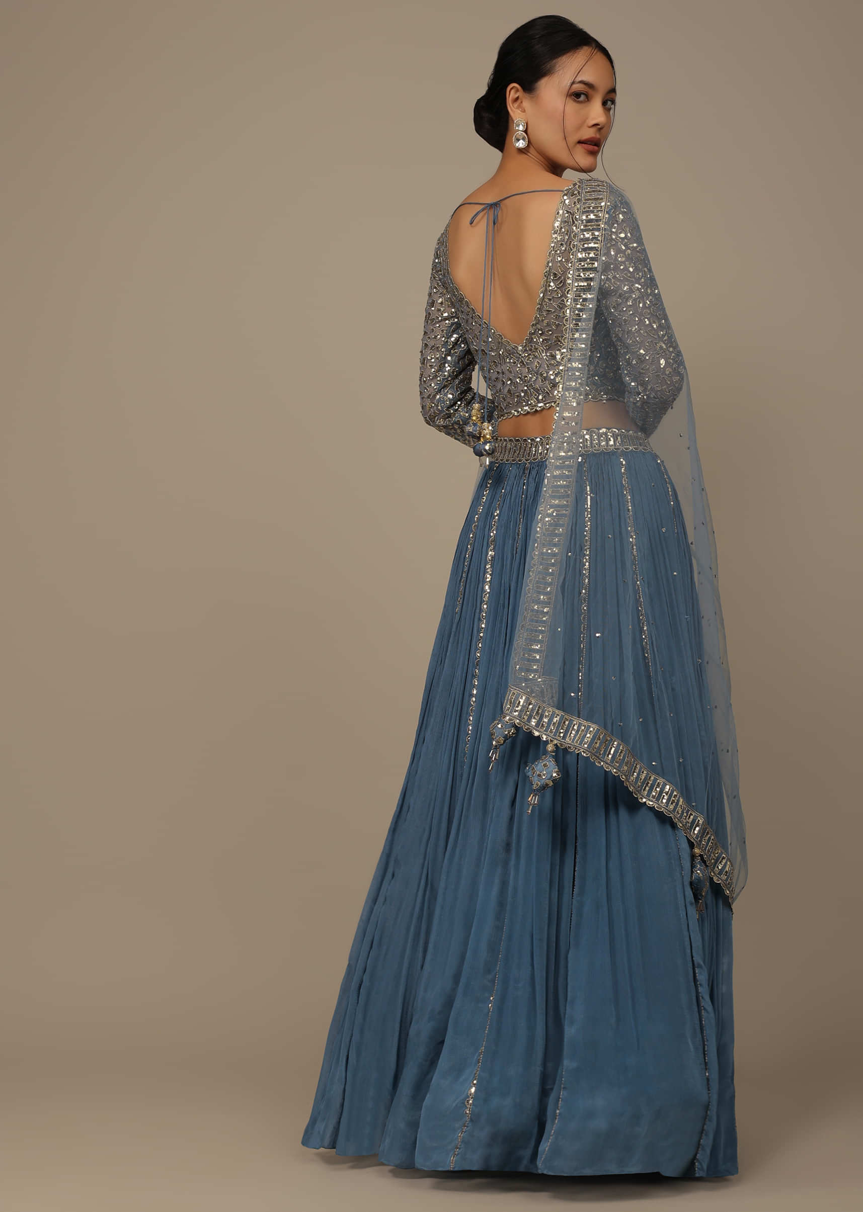 Airforce Blue Festive Sequins And Zari Embroidered Lehenga Set In Chinon