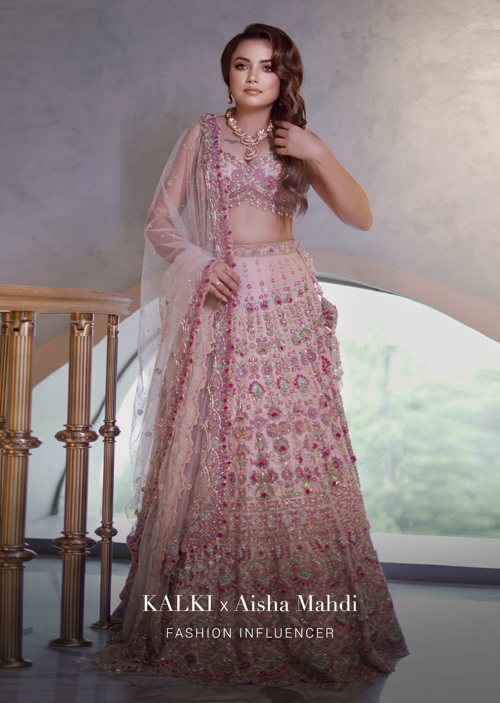 Pastel Pink Lehenga With A Crop Top In Multi-Colored Resham Embroidery, Crop Top Comes In Sleeveless With Scalloped Neckline