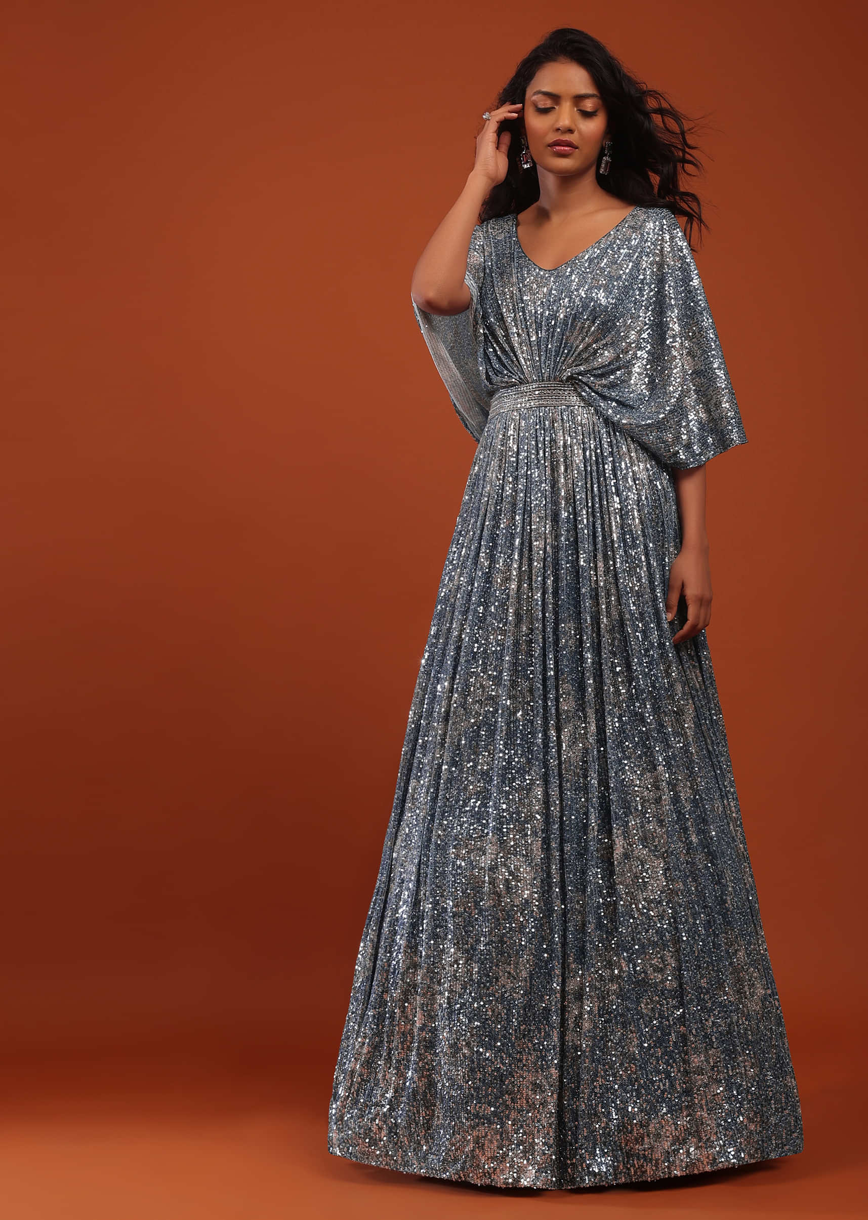 Allure Blue Crushed Sequins Kaftan Gown With An Embellished Waistbelt