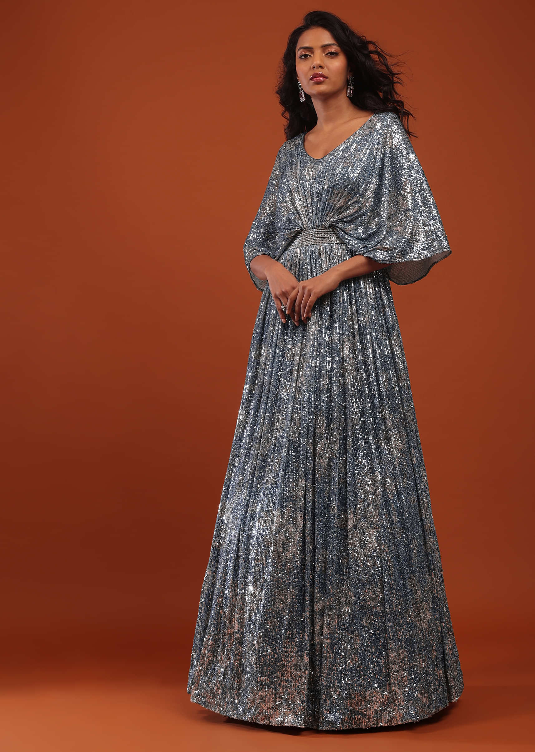 Allure Blue Crushed Sequins Kaftan Gown With An Embellished Waistbelt