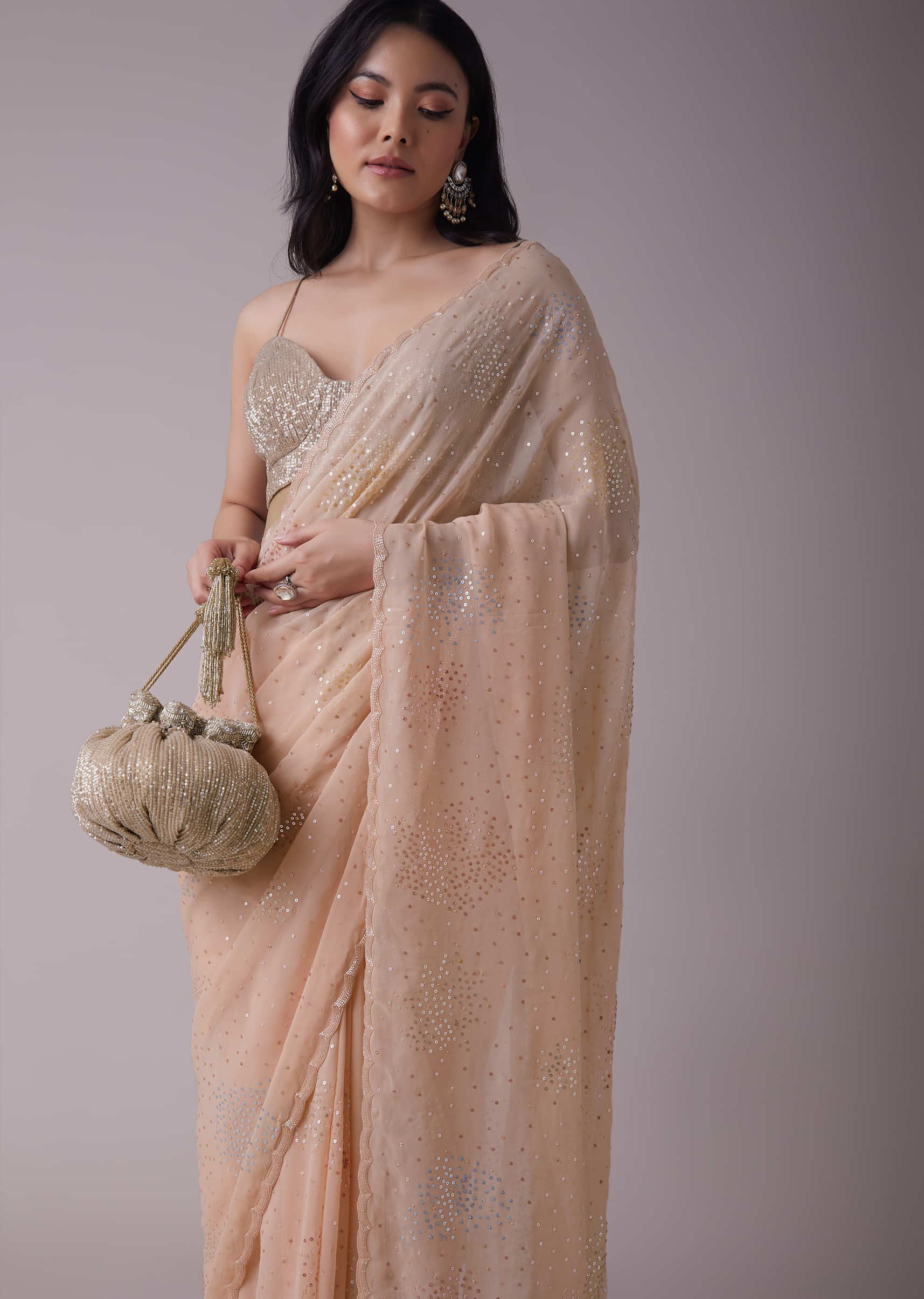 Peach Pink Crepe Saree With Sequins