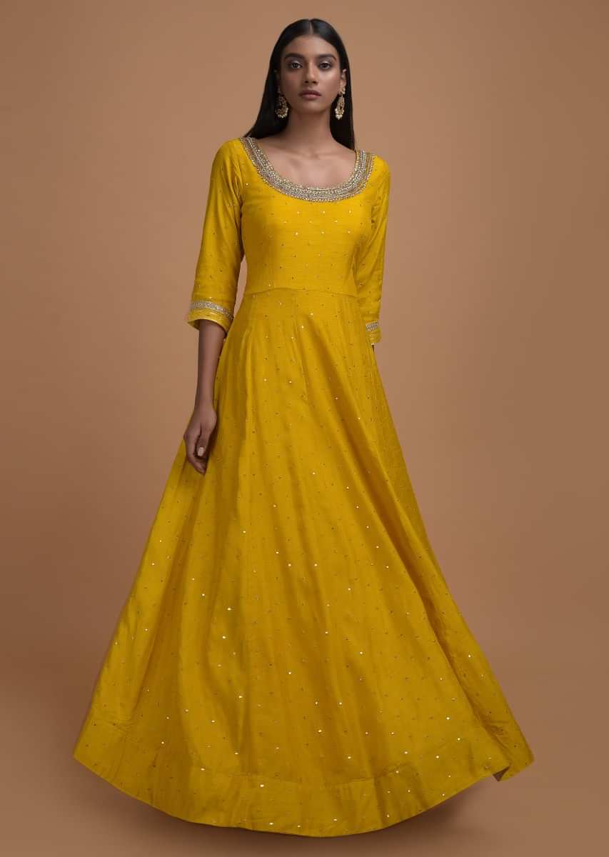 Amber Yellow Anarkali Suit In Silk With Embroidered Neckline  