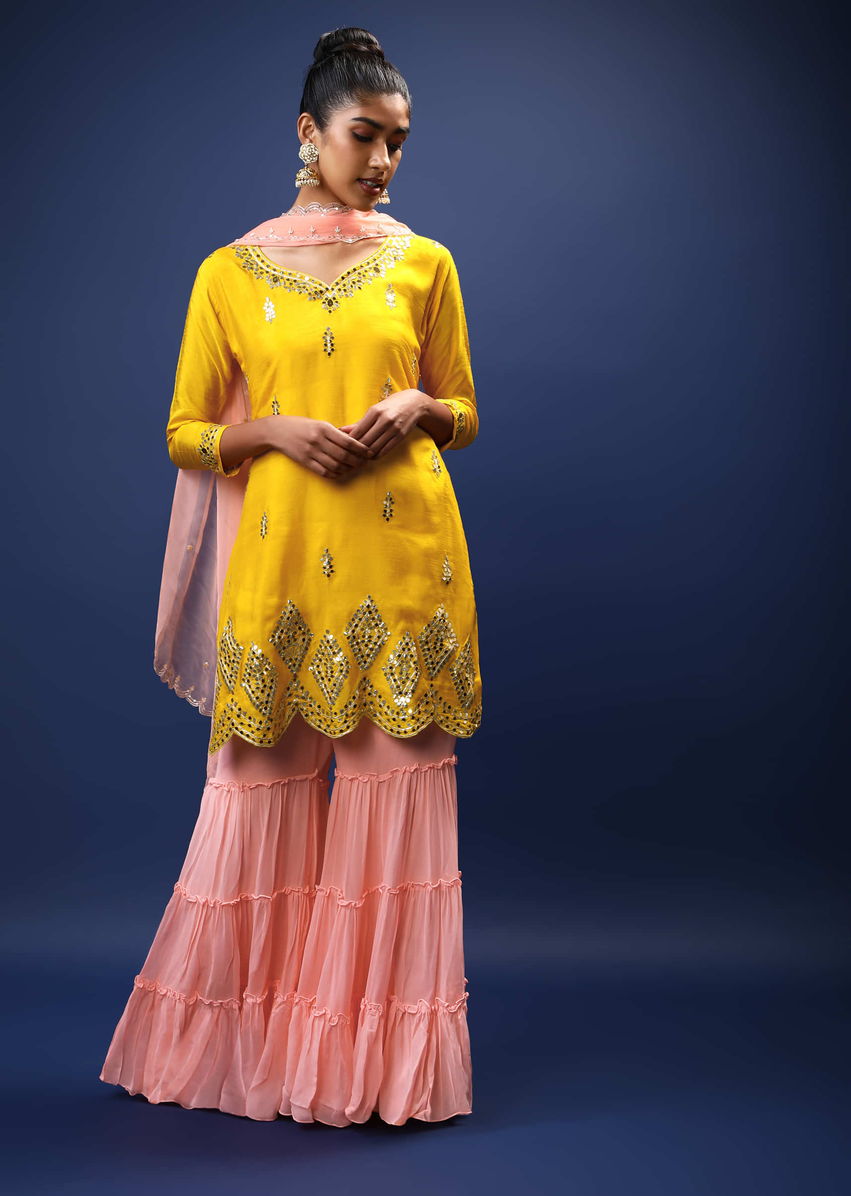 Amber Yellow And Peach Sharara Suit With Mirror And Gotta Patti Embroidered Buttis And Scalloped Border  