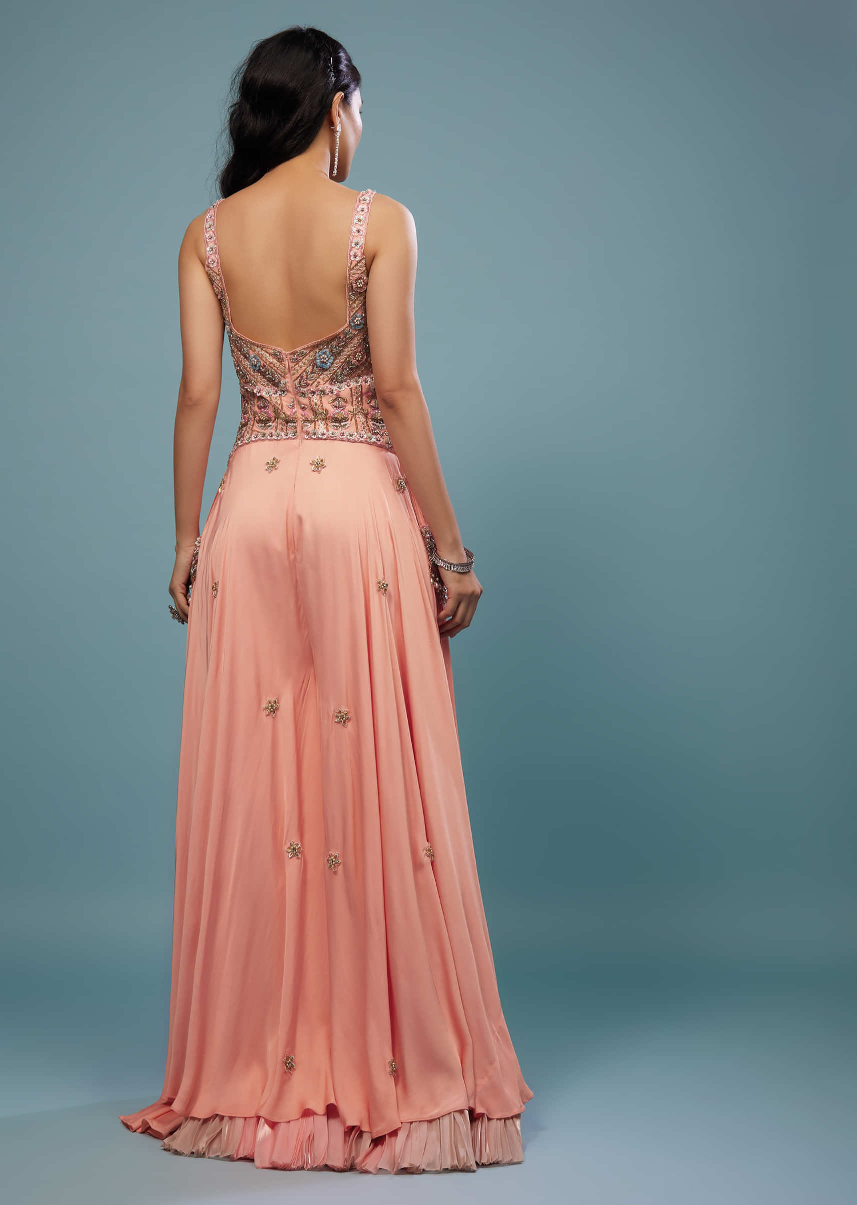 Peach Pink Embroidered Jumpsuit In Satin