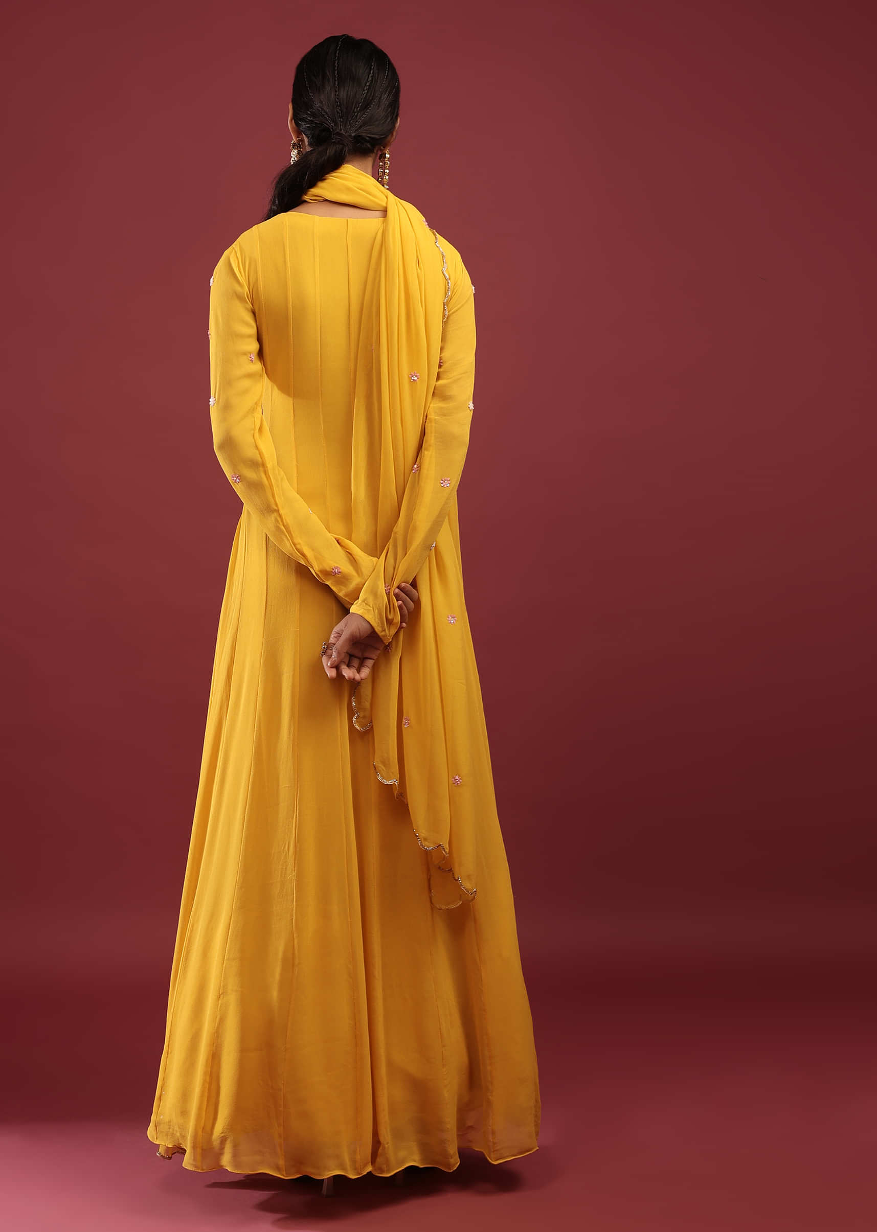 Amber Yellow Anarkali Suit In Georgette With Multicolored Sequin Embroidered Floral Design