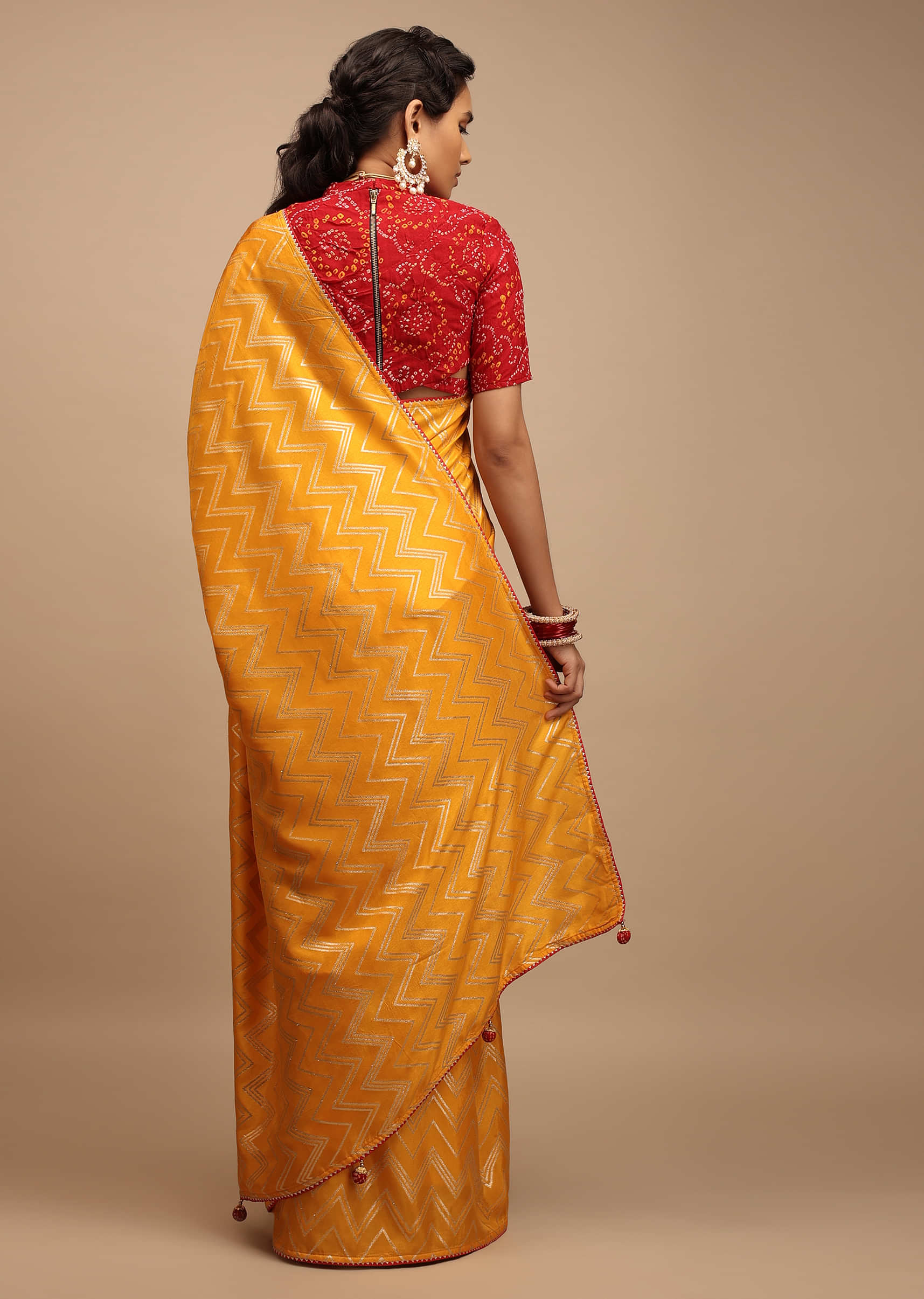 Amber Yellow Saree In Silk With Lurex Woven Chevron Design And Thin Border Along With Unstitched Blouse  