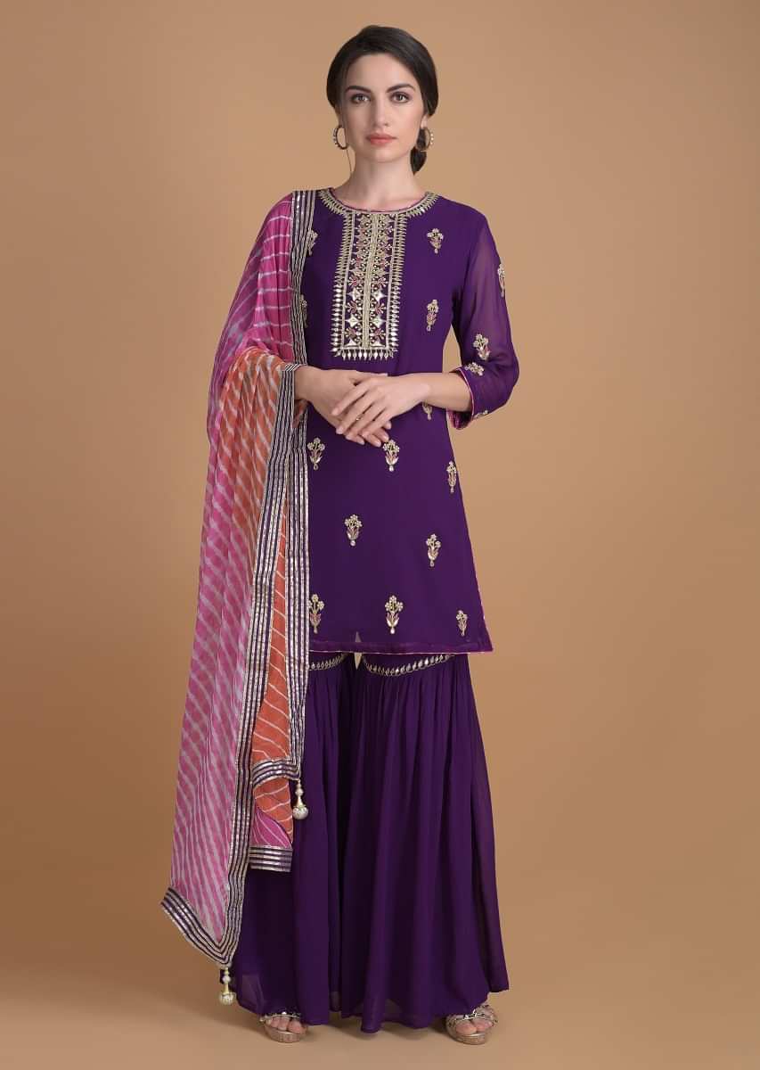 Amethyst Purple Sharara Suit With Gotta Work On The Neckline And In Floral Buttis  