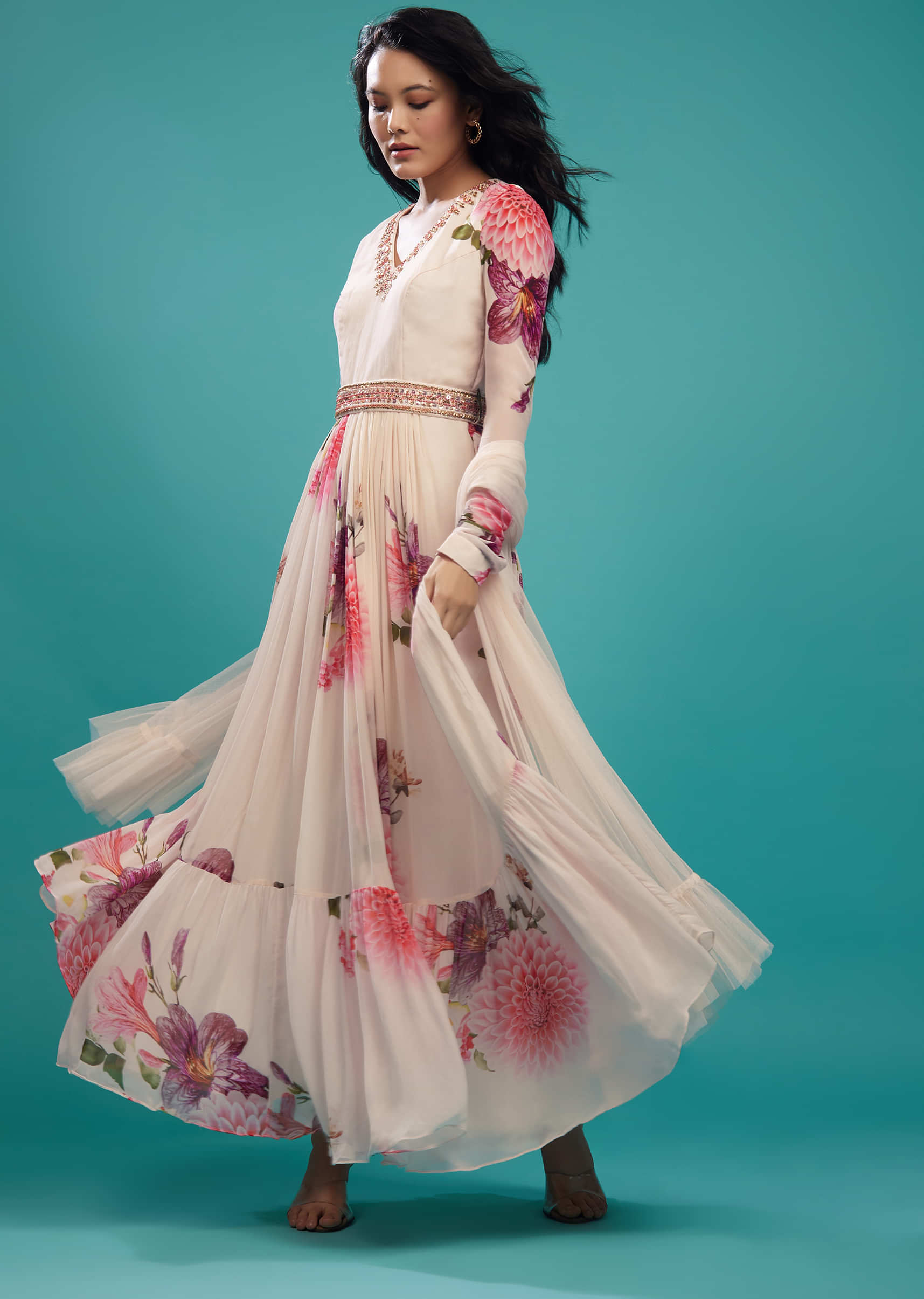 Candy Pink Floral Anarkali Suit In Georgette Fabric