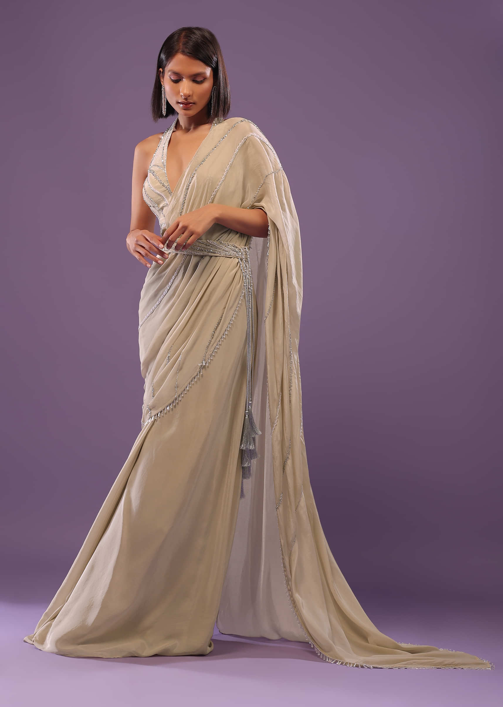 Nude White Embroidered Ready-Pleated Saree In Crepe